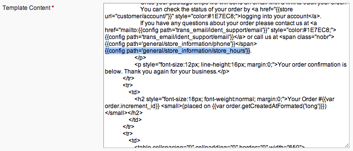 Inserting the store hours as a variable in a Magento email template